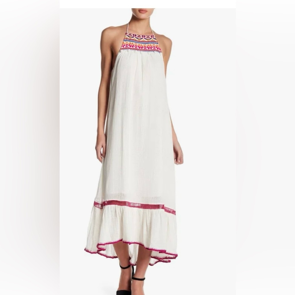 SAYLOR Maria Embroidered Boho White and Pink Maxi Dress cotton